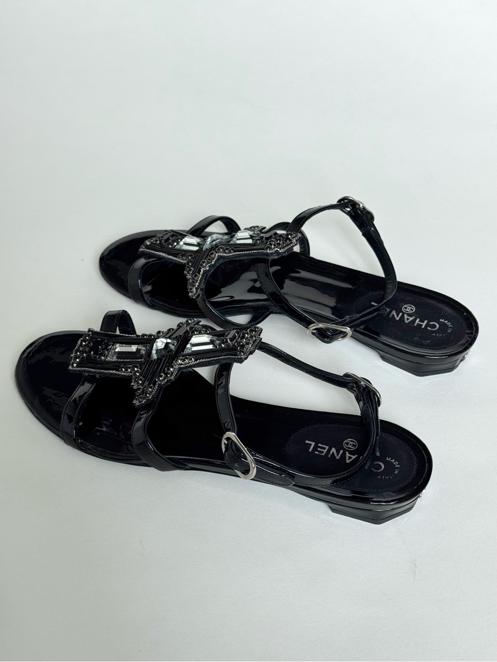 CHANEL Black Patent Leather Beaded and  Jeweled Slingback Sandals - Size 36 - Picture 5 of 10